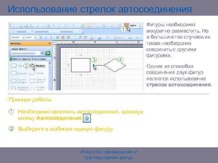 Использование стрелок автосоединения Фигуры необходимо аккуратно разместить. Но в большинстве случаев их также необходимо