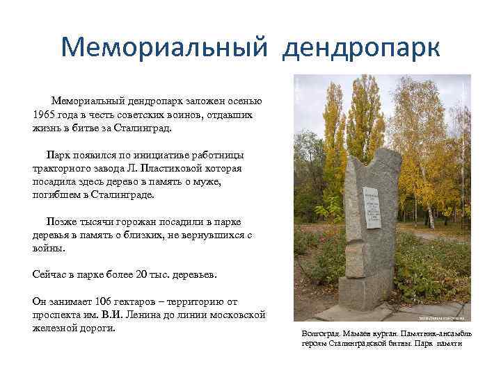 Мемориальный дендропарк заложен осенью 1965 года в честь советских воинов, отдавших жизнь в битве
