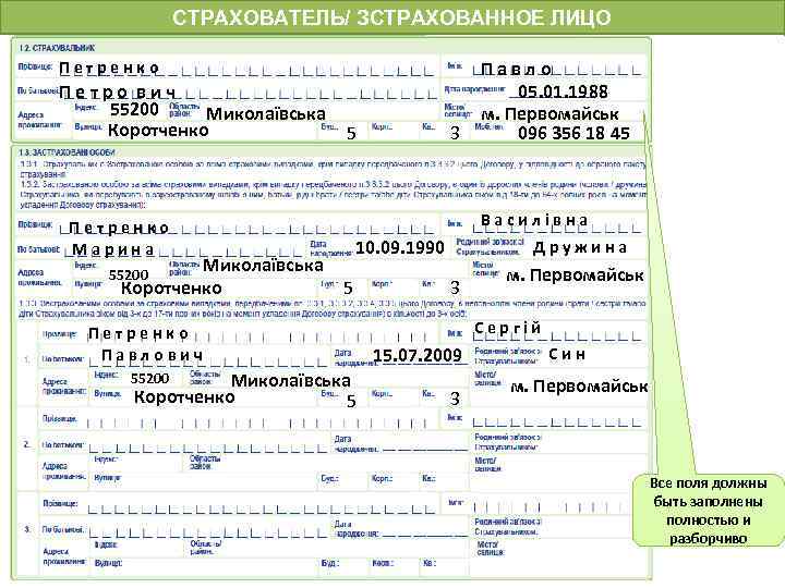 СТРАХОВАТЕЛЬ/ ЗСТРАХОВАННОЕ ЛИЦО Петренко Петро вич 55200 Миколаївська Коротченко 5 Василівна Петренко Марина Миколаївська