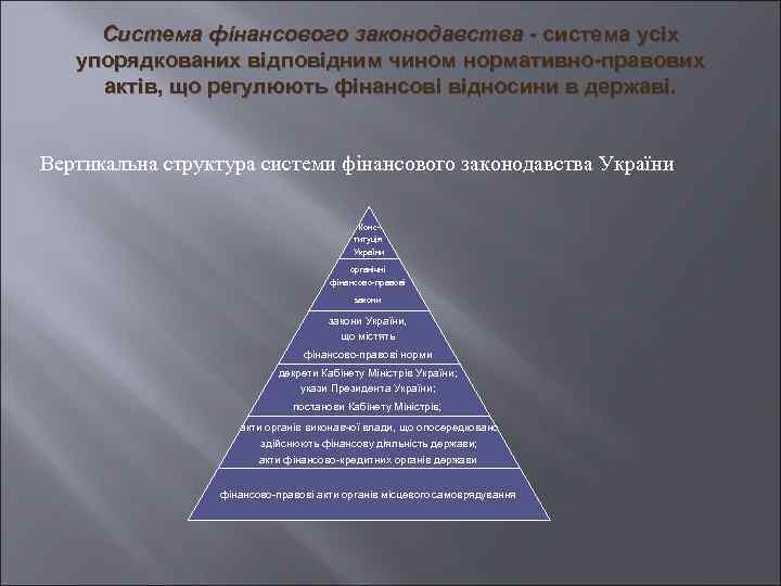 Система фiнансового законодавства - система усiх упорядкованих вiдповiдним чином нормативно-правових актiв, що регулюють фiнансовi