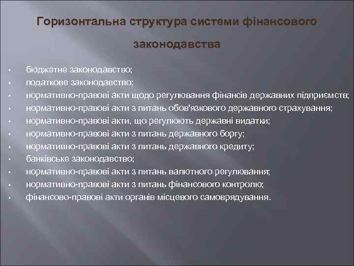 Горизонтальна структура системи фінансового законодавства • • • бюджетне законодавство; податкове законодавство; нормативно-правові акти