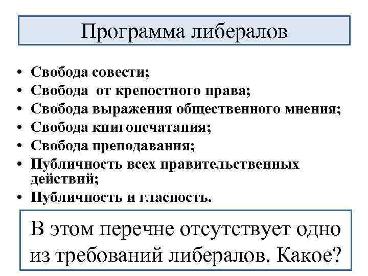 Программа либералов • • • Свобода совести; Свобода от крепостного права; Свобода выражения общественного