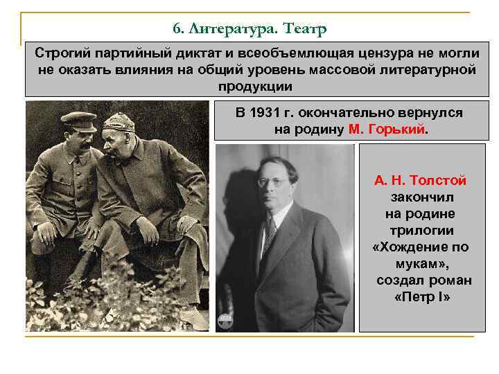 6. Литература. Театр Строгий партийный диктат и всеобъемлющая цензура не могли не оказать влияния