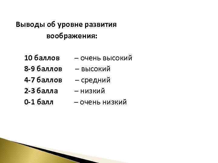 Выводы об уровне развития воображения: 10 баллов 8 -9 баллов 4 -7 баллов 2