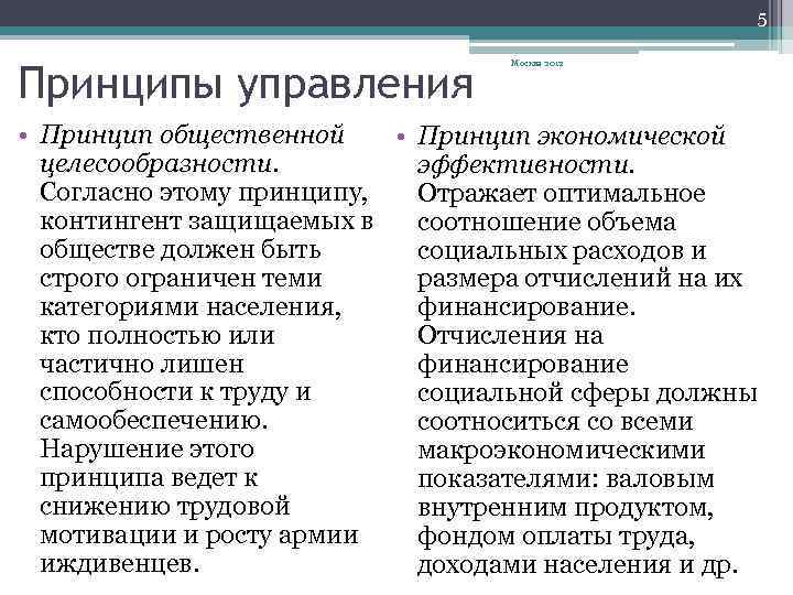 5 Принципы управления Москва 2012 • Принцип общественной • Принцип экономической целесообразности. эффективности. Согласно