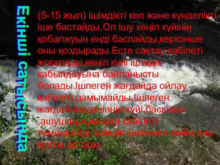 (5 -15 жыл) ішімдікті көп және күнделікті іше бастайды. Ол ішу көңіл күйінің қобалжуын