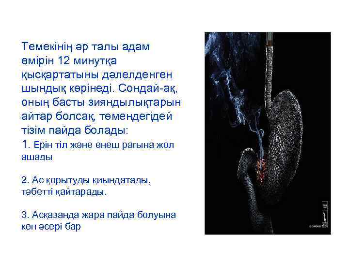 Темекінің әр талы адам өмірін 12 минутқа қысқартатыны дәлелденген шындық көрінеді. Сондай-ақ, оның басты