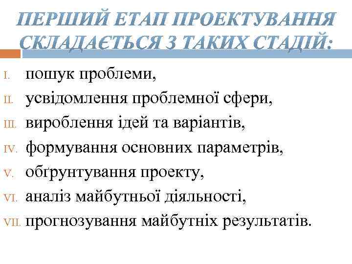 пошук проблеми, II. усвідомлення проблемної сфери, III. вироблення ідей та варіантів, IV. формування основних