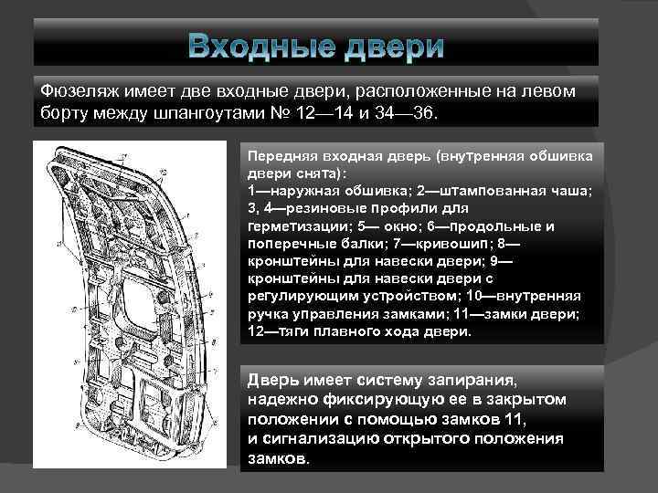 Фюзеляж имеет две входные двери, расположенные на левом борту между шпангоутами № 12— 14