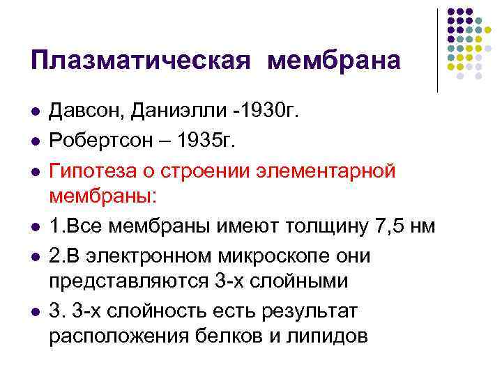 Плазматическая мембрана l l l Давсон, Даниэлли -1930 г. Робертсон – 1935 г. Гипотеза