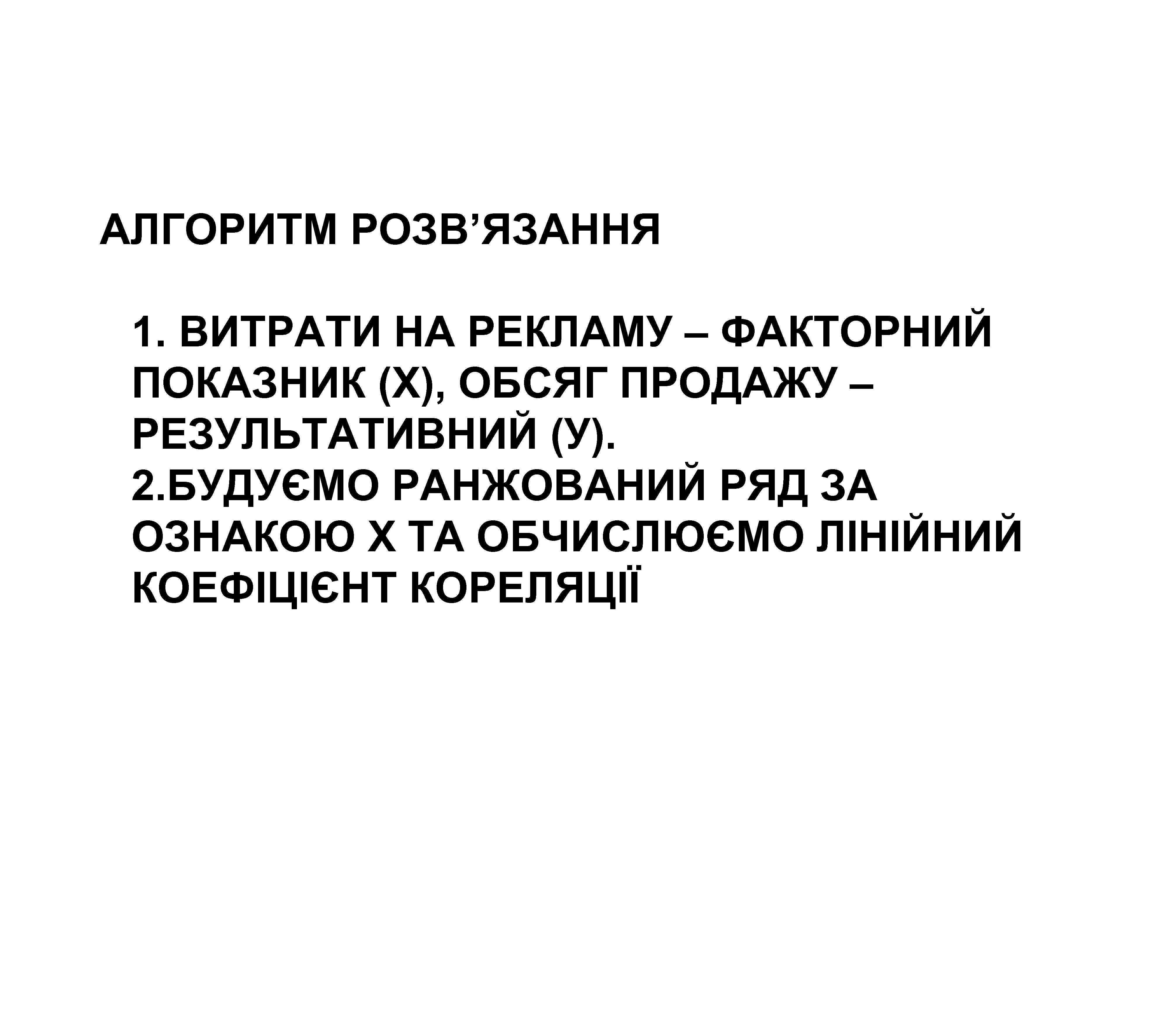 АЛГОРИТМ РОЗВ’ЯЗАННЯ 1. ВИТРАТИ НА РЕКЛАМУ – ФАКТОРНИЙ ПОКАЗНИК (Х), ОБСЯГ ПРОДАЖУ – РЕЗУЛЬТАТИВНИЙ