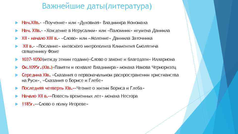 Важнейшие даты(литература) Нач. XIIв. - «Поучение» или «Духовная» Владимира Мономаха Нач. XIIв. - «Хождение