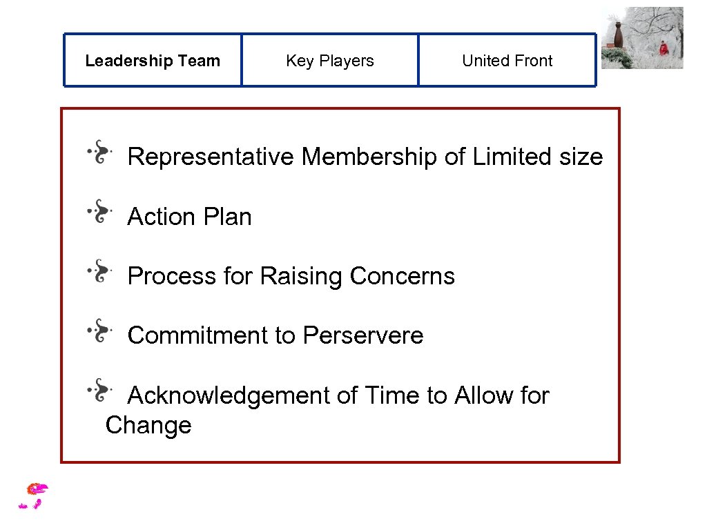 Leadership Team Key Players United Front Representative Membership of Limited size Action Plan Process