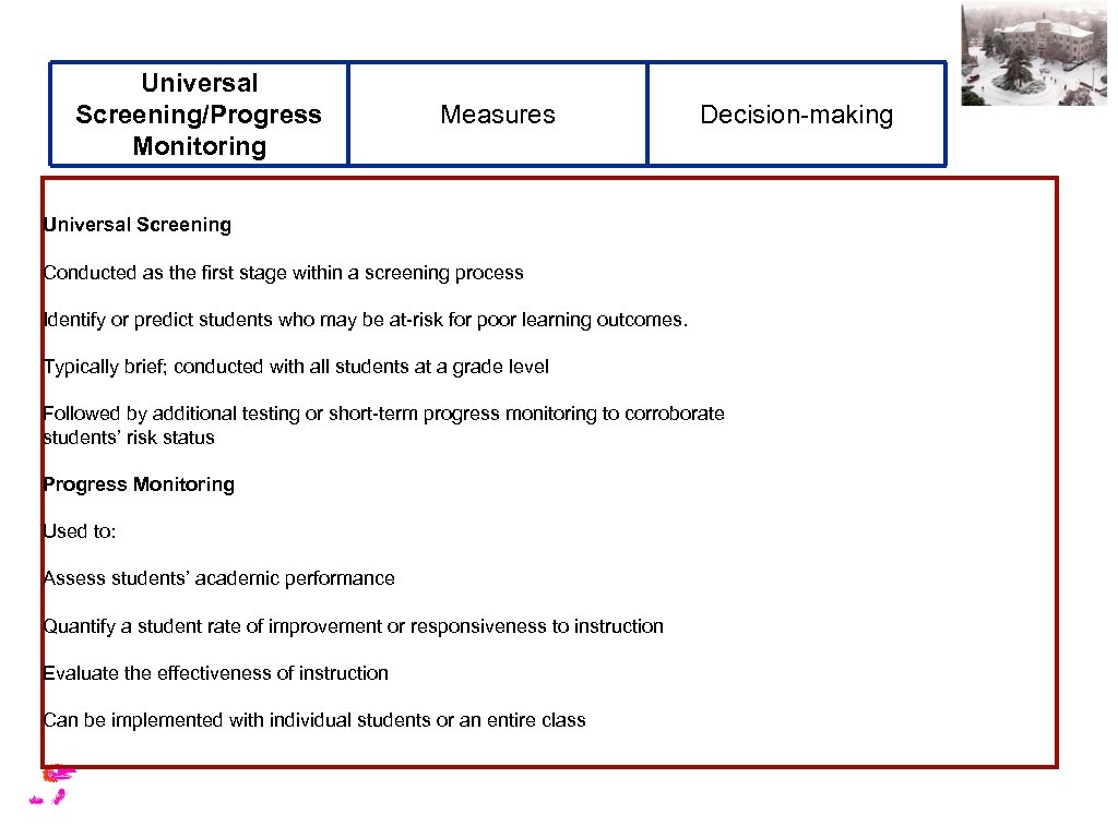 Universal Screening/Progress Monitoring Measures Decision-making Universal Screening Conducted as the first stage within a