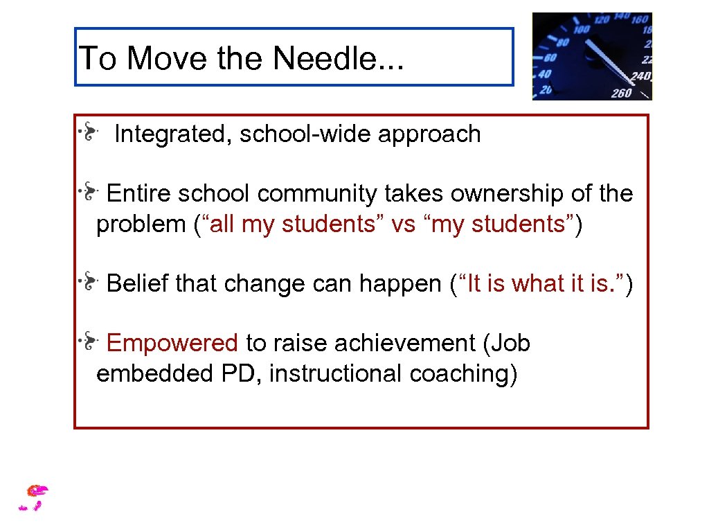 To Move the Needle. . . Integrated, school-wide approach Entire school community takes ownership