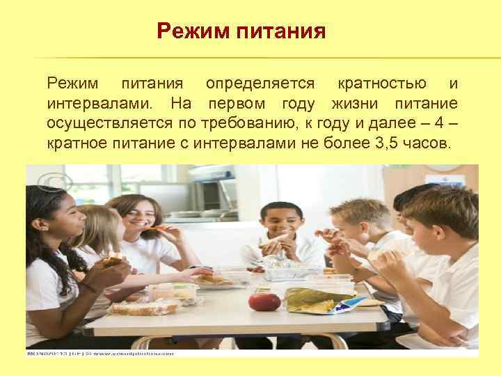 Режим питания определяется кратностью и интервалами. На первом году жизни питание осуществляется по требованию,