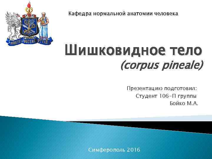 Кафедра нормальной анатомии человека Шишковидное тело (corpus pineale) Презентацию подготовил: Студент 106 -П группы