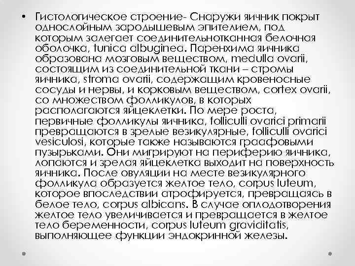  • Гистологическое строение- Снаружи яичник покрыт однослойным зародышевым эпителием, под которым залегает соединительнотканная