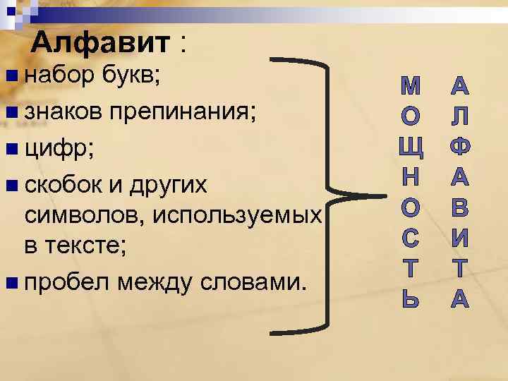 Алфавит : n набор букв; n знаков препинания; n цифр; n скобок и других