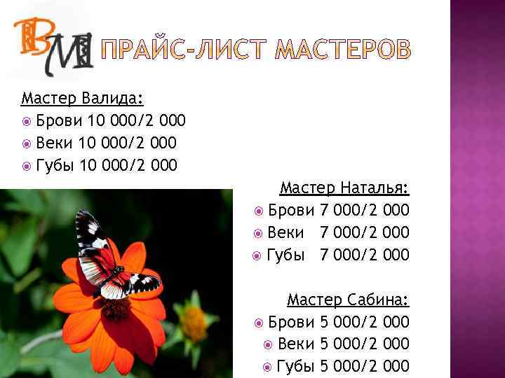 Мастер Валида: Брови 10 000/2 000 Веки 10 000/2 000 Губы 10 000/2 000