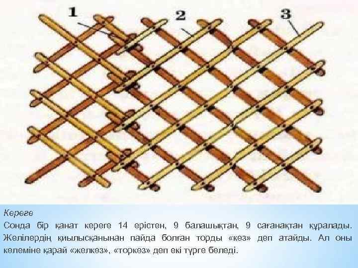 Кереге Сонда бір қанат кереге 14 ерістен, 9 балашықтан, 9 сағанақтан құралады. Желілердің қиылысқанынан