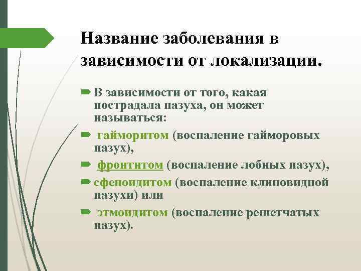 Название заболевания в зависимости от локализации. В зависимости от того, какая пострадала пазуха, он
