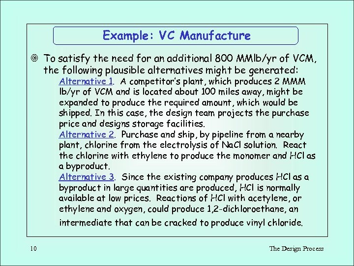 Example: VC Manufacture ¥ To satisfy the need for an additional 800 MMlb/yr of