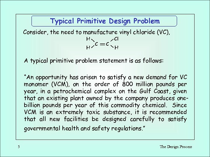 Typical Primitive Design Problem Consider, the need to manufacture vinyl chloride (VC), H H