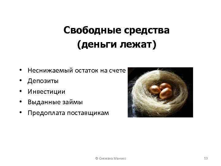 Cвободные средства (деньги лежат) • • • Неснижаемый остаток на счете Депозиты Инвестиции Выданные