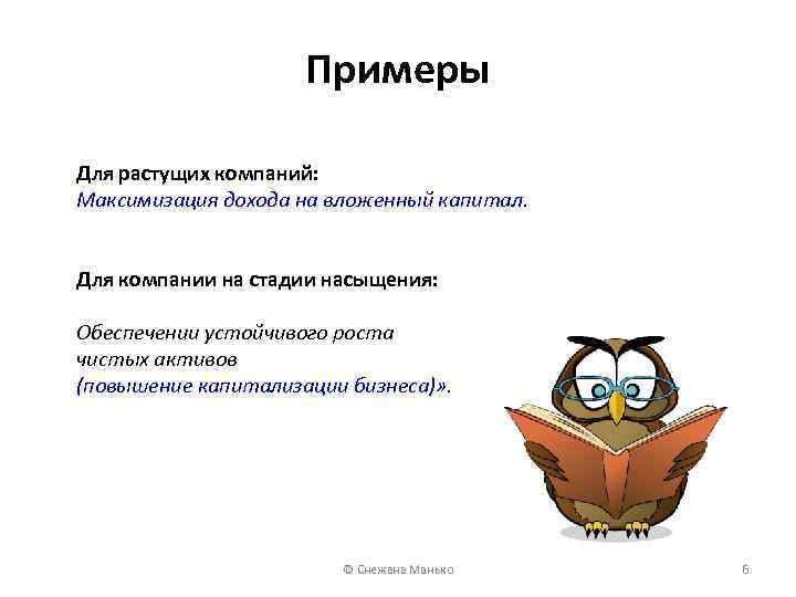 Примеры Для растущих компаний: Максимизация дохода на вложенный капитал. Для компании на стадии насыщения: