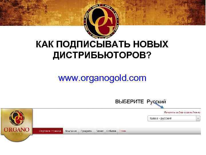 КАК ПОДПИСЫВАТЬ НОВЫХ ДИСТРИБЬЮТОРОВ? www. organogold. com ВЫБЕРИТЕ Русский 