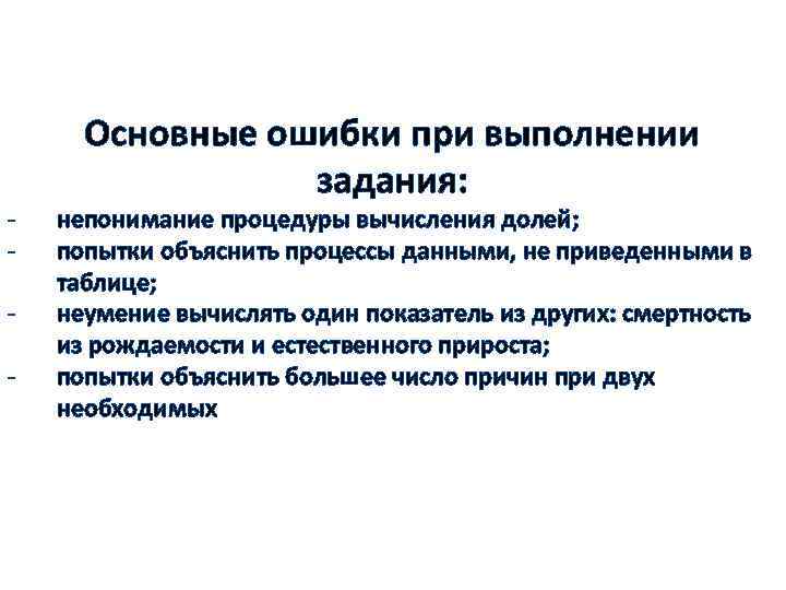 - Основные ошибки при выполнении задания: непонимание процедуры вычисления долей; попытки объяснить процессы данными,