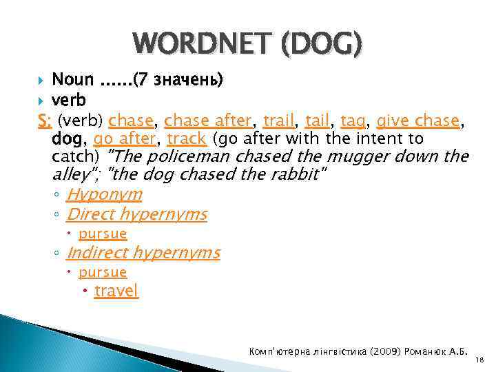 WORDNET (DOG) Noun ……(7 значень) verb S; (verb) chase, chase after, trail, tag, give