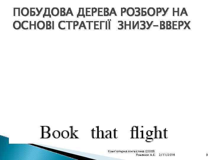 ПОБУДОВА ДЕРЕВА РОЗБОРУ НА ОСНОВІ СТРАТЕГІЇ ЗНИЗУ-ВВЕРХ Комп'ютерна лінгвістика (2009) Романюк А. Б. 2/11/2018