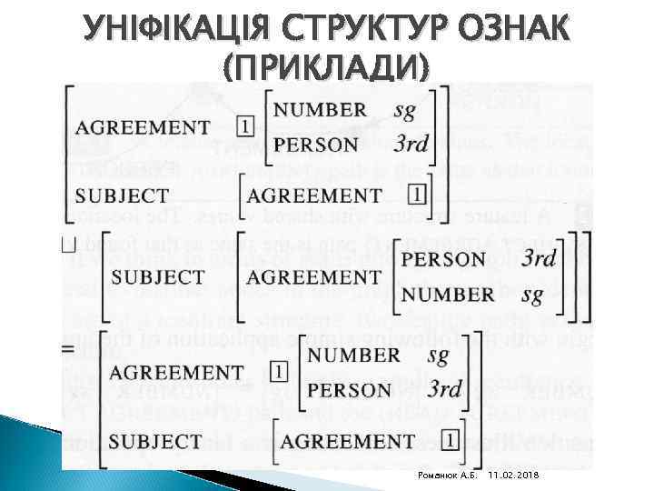 УНІФІКАЦІЯ СТРУКТУР ОЗНАК (ПРИКЛАДИ) Комп'ютерна лінгвістика (2010) Романюк А. Б. 11. 02. 2018 