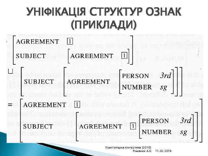 УНІФІКАЦІЯ СТРУКТУР ОЗНАК (ПРИКЛАДИ) Комп'ютерна лінгвістика (2010) Романюк А. Б. 11. 02. 2018 