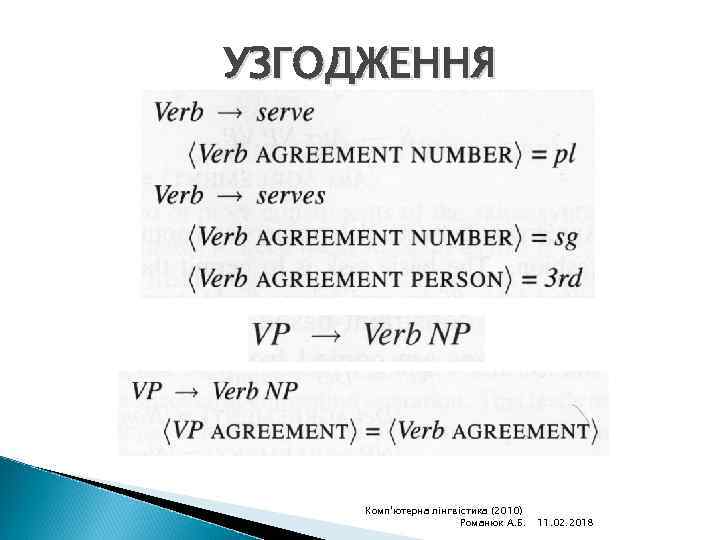 УЗГОДЖЕННЯ Комп'ютерна лінгвістика (2010) Романюк А. Б. 11. 02. 2018 