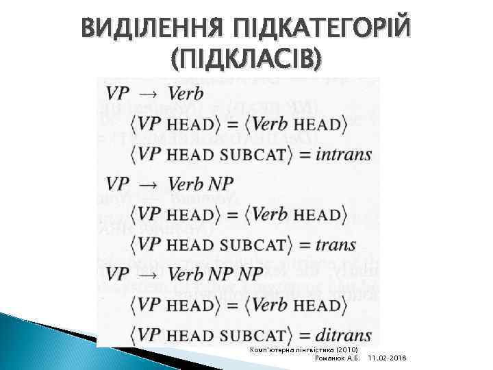 ВИДІЛЕННЯ ПІДКАТЕГОРІЙ (ПІДКЛАСІВ) Комп'ютерна лінгвістика (2010) Романюк А. Б. 11. 02. 2018 