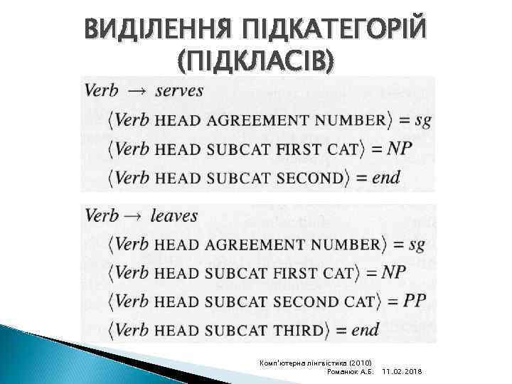 ВИДІЛЕННЯ ПІДКАТЕГОРІЙ (ПІДКЛАСІВ) Комп'ютерна лінгвістика (2010) Романюк А. Б. 11. 02. 2018 