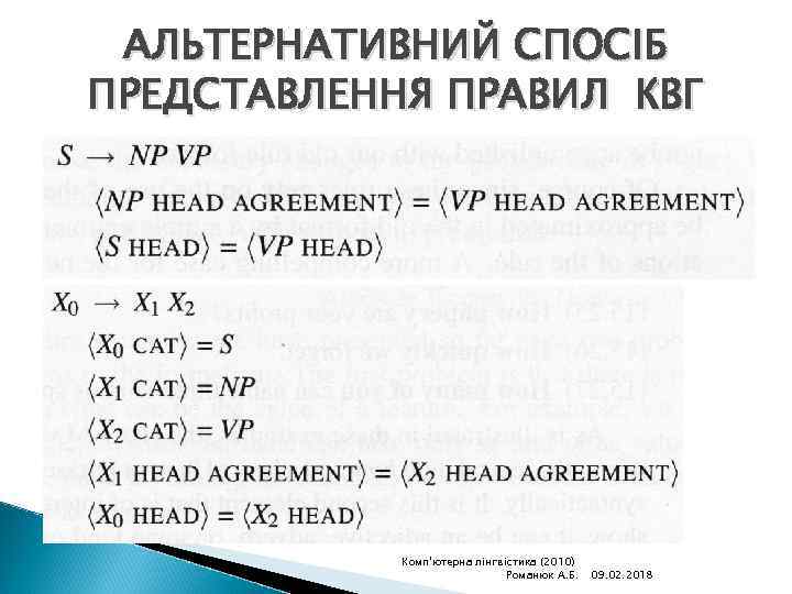 АЛЬТЕРНАТИВНИЙ СПОСІБ ПРЕДСТАВЛЕННЯ ПРАВИЛ КВГ Комп'ютерна лінгвістика (2010) Романюк А. Б. 09. 02. 2018