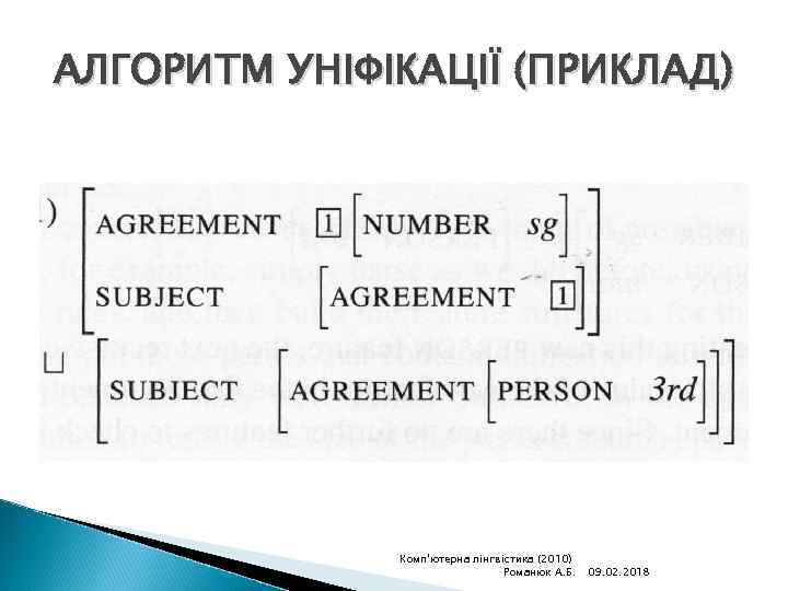 АЛГОРИТМ УНІФІКАЦІЇ (ПРИКЛАД) Комп'ютерна лінгвістика (2010) Романюк А. Б. 09. 02. 2018 