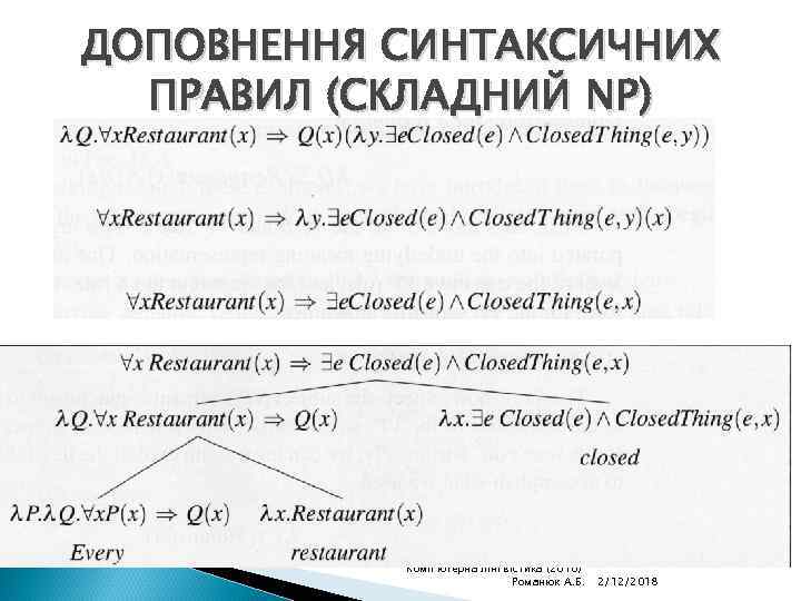 ДОПОВНЕННЯ СИНТАКСИЧНИХ ПРАВИЛ (СКЛАДНИЙ NP) Комп'ютерна лінгвістика (2010) Романюк А. Б. 2/12/2018 