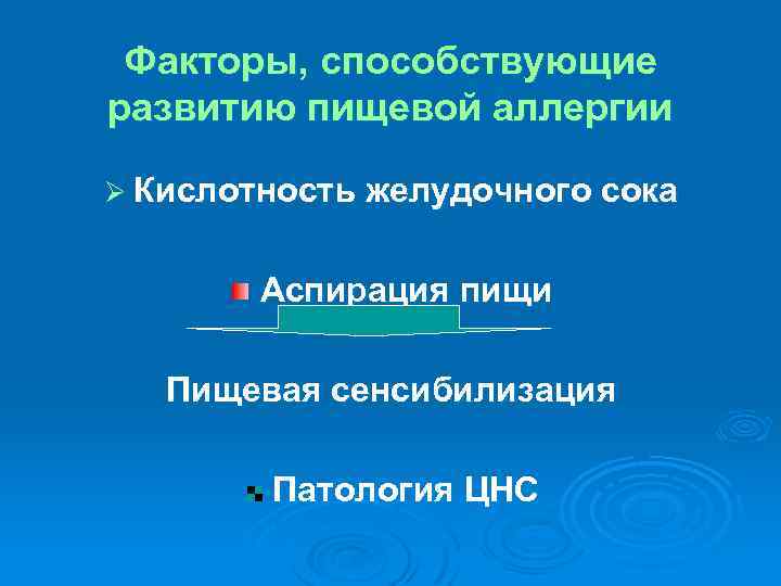 Факторы, способствующие развитию пищевой аллергии Ø Кислотность желудочного сока Аспирация пищи Пищевая сенсибилизация Патология