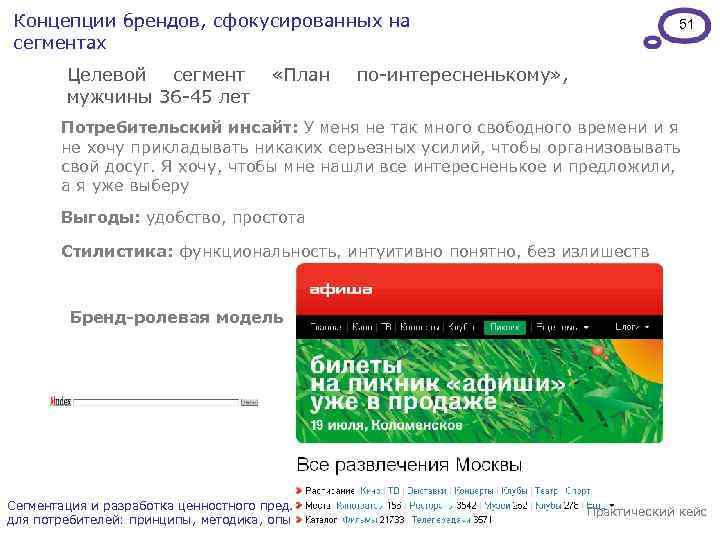 Концепции брендов, сфокусированных на сегментах Целевой сегмент мужчины 36 -45 лет «План 51 по-интересненькому»