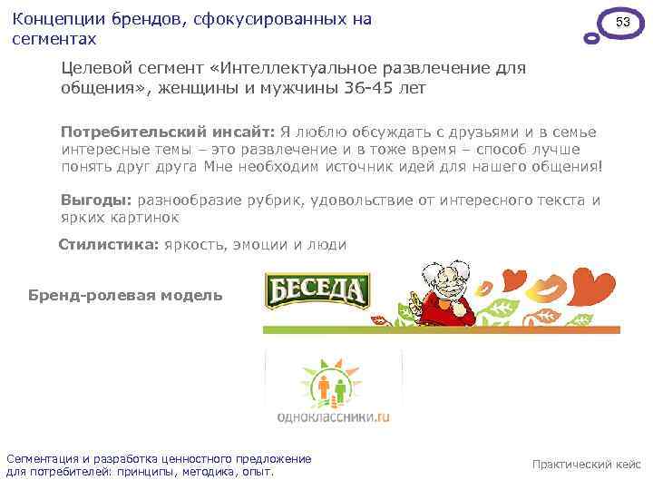 Концепции брендов, сфокусированных на сегментах 53 Целевой сегмент «Интеллектуальное развлечение для общения» , женщины