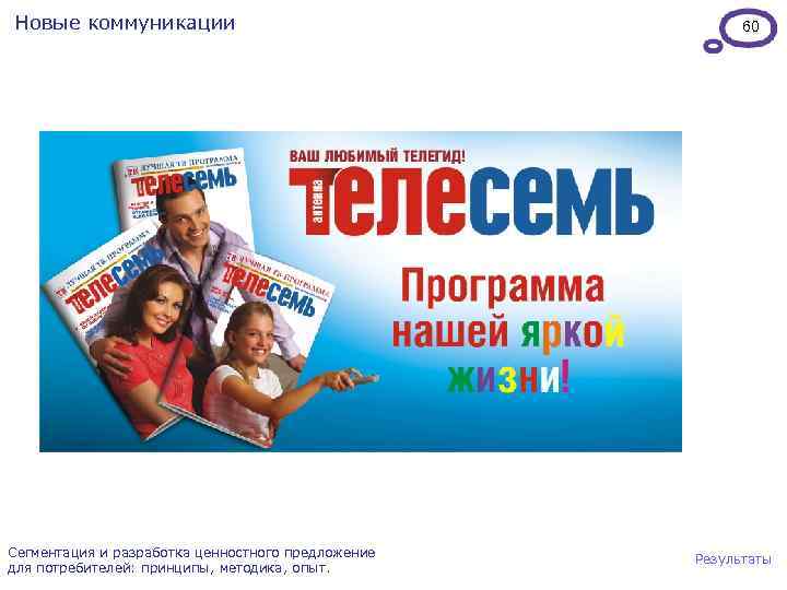 Новые коммуникации Сегментация и разработка ценностного предложение для потребителей: принципы, методика, опыт. 60 Результаты