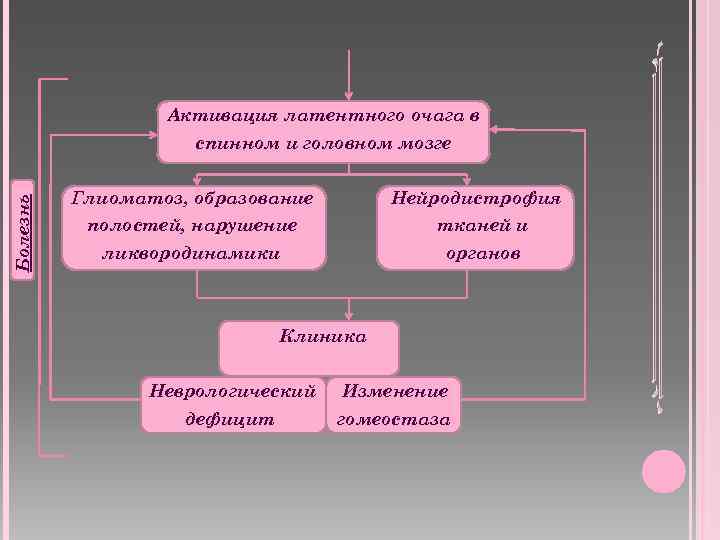 Активация латентного очага в Болезнь спинном и головном мозге Глиоматоз, образование Нейродистрофия полостей, нарушение