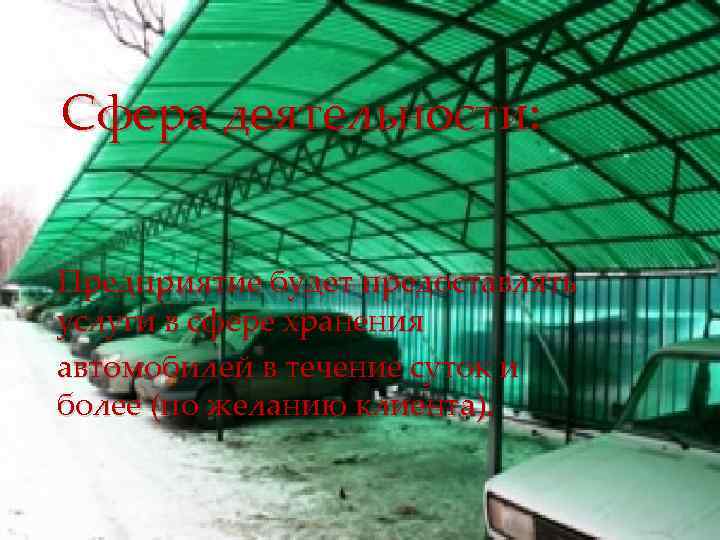 Сфера деятельности: Предприятие будет предоставлять услуги в сфере хранения автомобилей в течение суток и