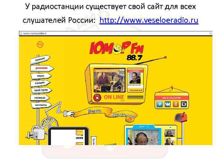 У радиостанции существует свой сайт для всех слушателей России: http: //www. veseloeradio. ru 