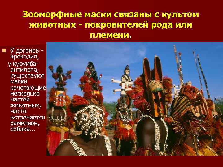 Зооморфные маски связаны с культом животных - покровителей рода или племени. n У догонов